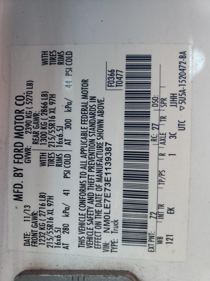 2014 Ford Transit Connect Xl VIN: NM0LE7E73E1139387 Lot: 92990015