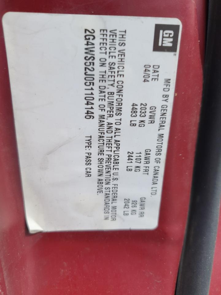 2005 Buick Century Custom VIN: 2G4WS52J051104146 Lot: 93277565