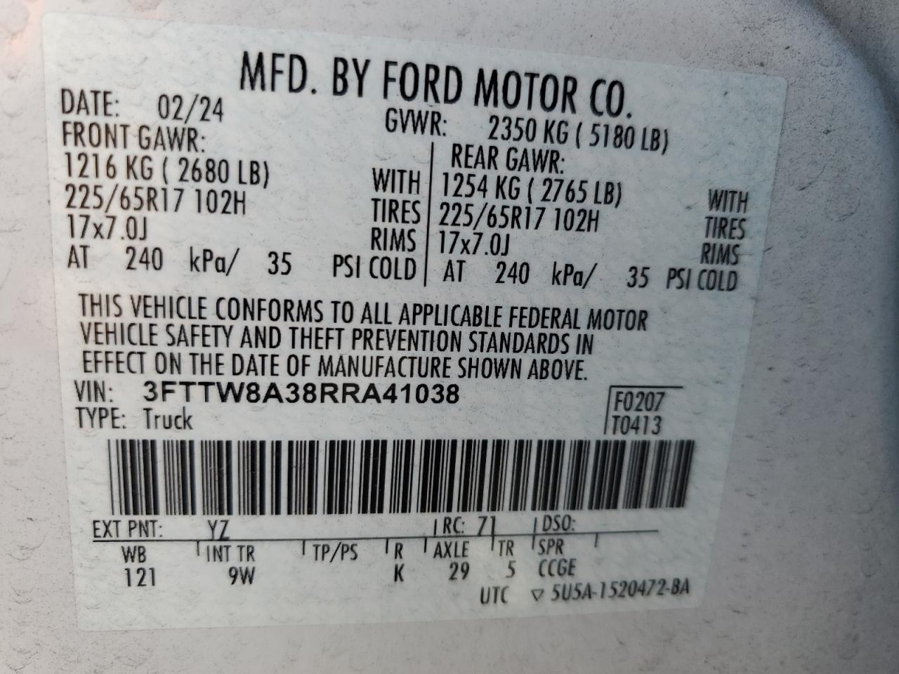 2024 Ford Maverick Xl VIN: 3FTTW8A38RRA41038 Lot: 92688945