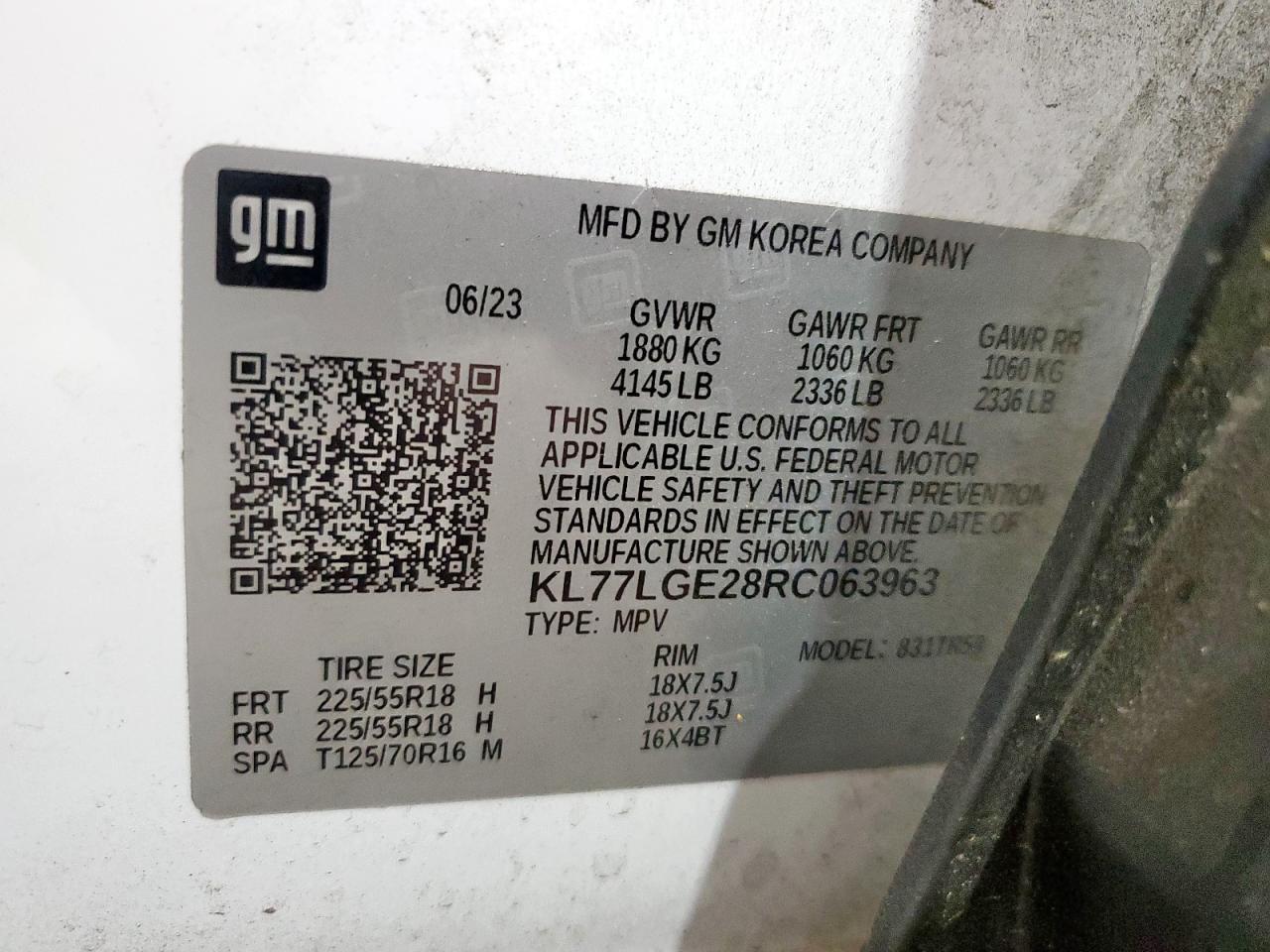 2024 Chevrolet Trax 1Rs VIN: KL77LGE28RC063963 Lot: 93555295