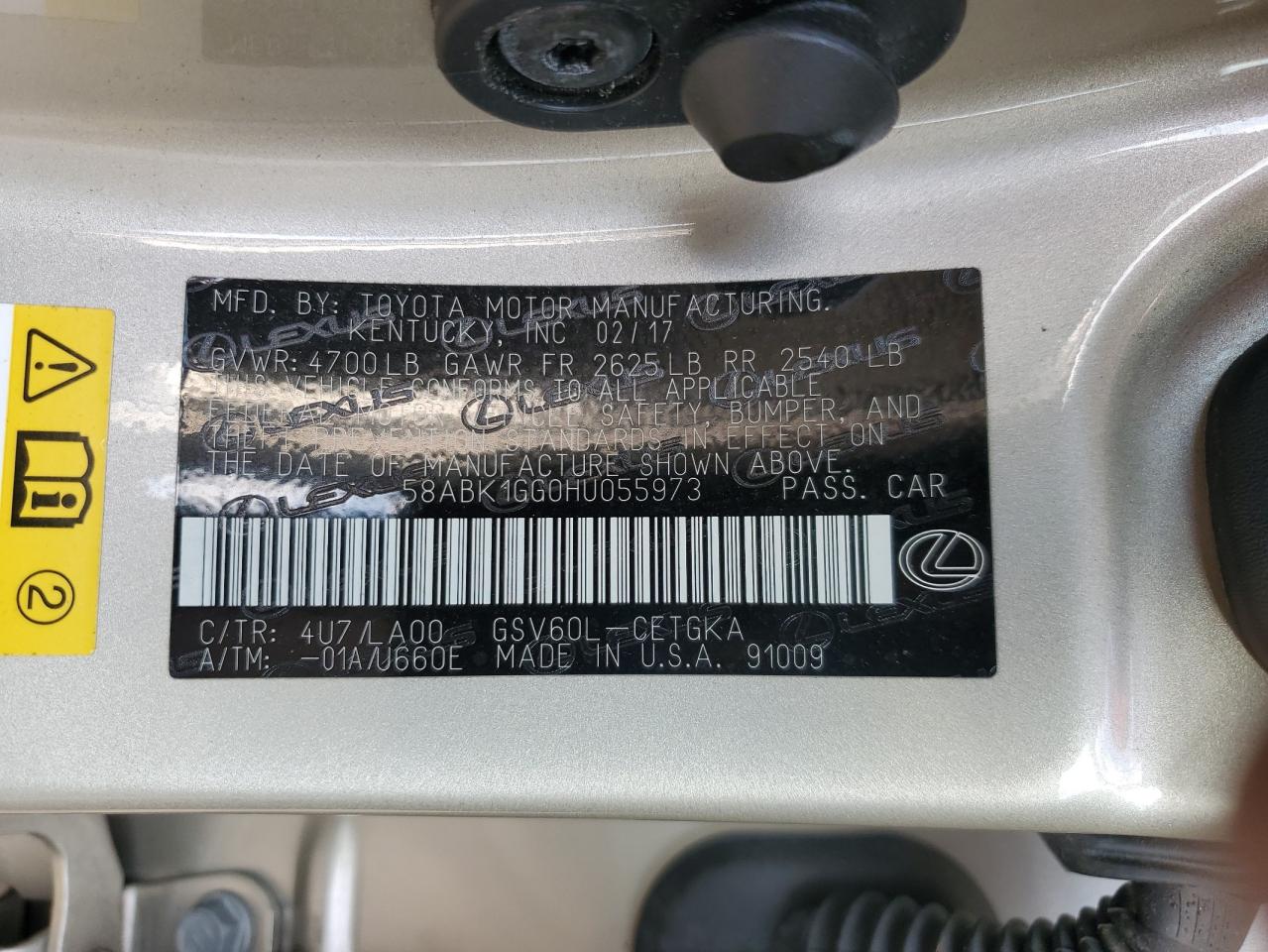 2017 Lexus Es 350 VIN: 58ABK1GG0HU055973 Lot: 92646505