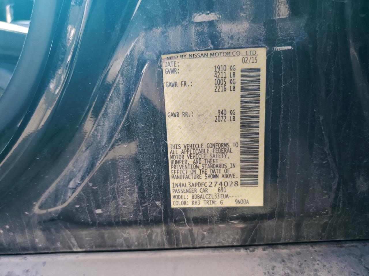 2015 Nissan Altima 2.5 VIN: 1N4AL3AP0FC274028 Lot: 93713045