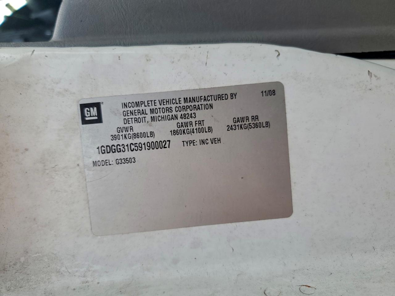 2009 GMC Savana Cutaway G3500 VIN: 1GDGG31C591900027 Lot: 94288905