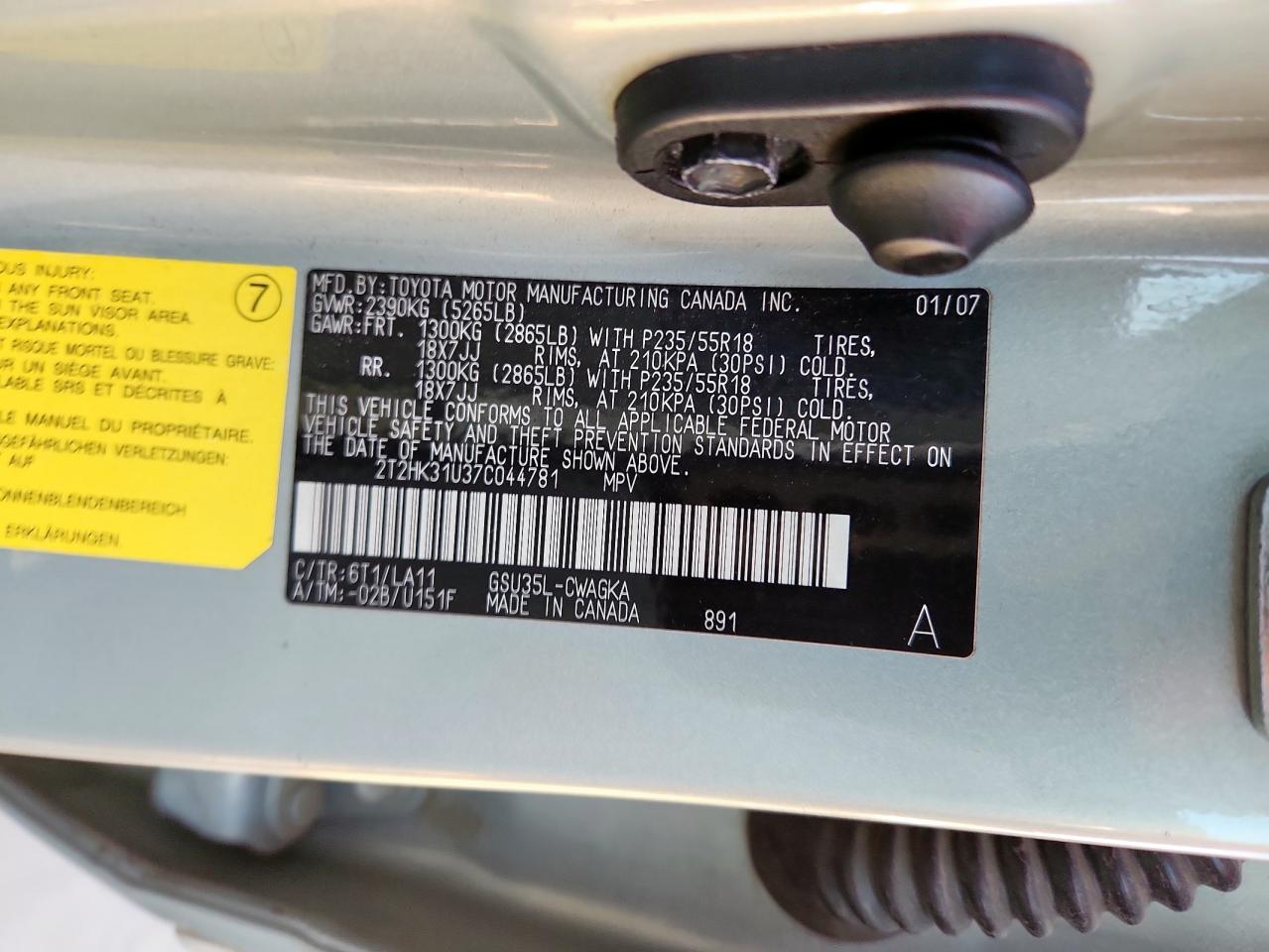 2007 Lexus Rx 350 VIN: 2T2HK31U37C044781 Lot: 92657685