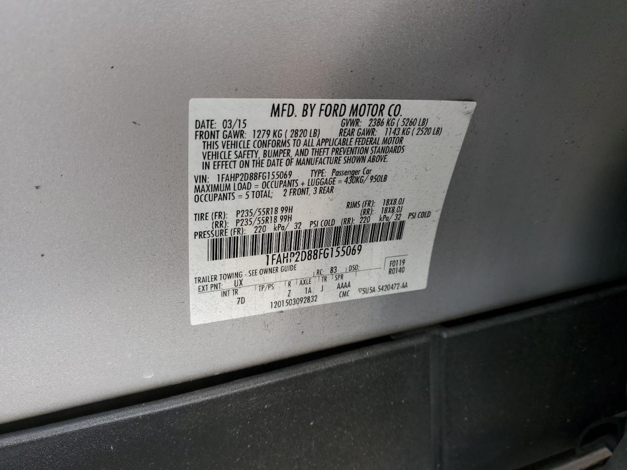 2015 Ford Taurus Se VIN: 1FAHP2D88FG155069 Lot: 92214115