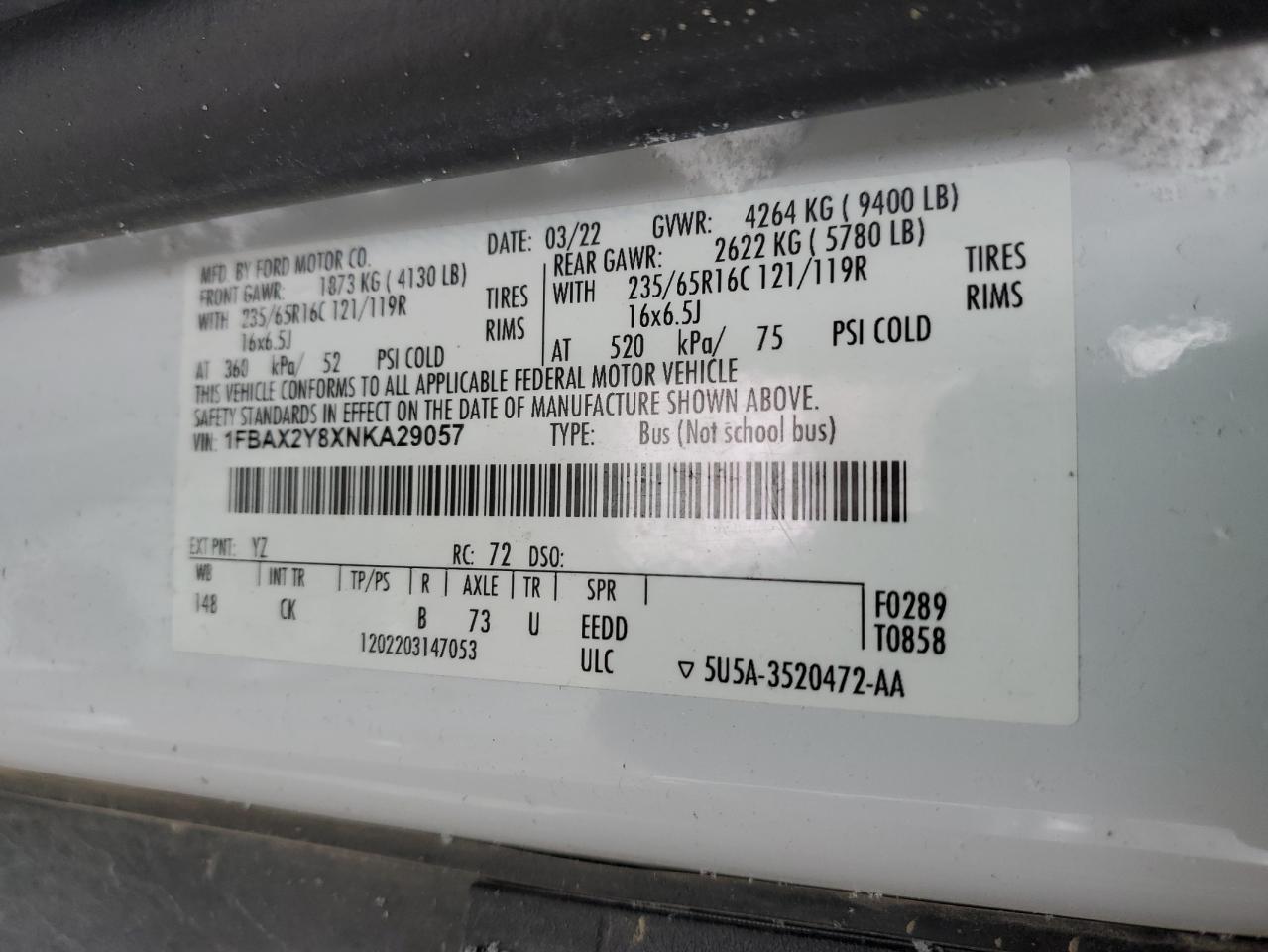 2022 Ford Transit T-350 Xl VIN: 1FBAX2Y8XNKA29057 Lot: 91780105