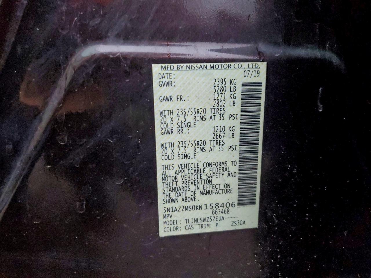 2019 Nissan Murano S VIN: 5N1AZ2MS0KN158406 Lot: 94037505