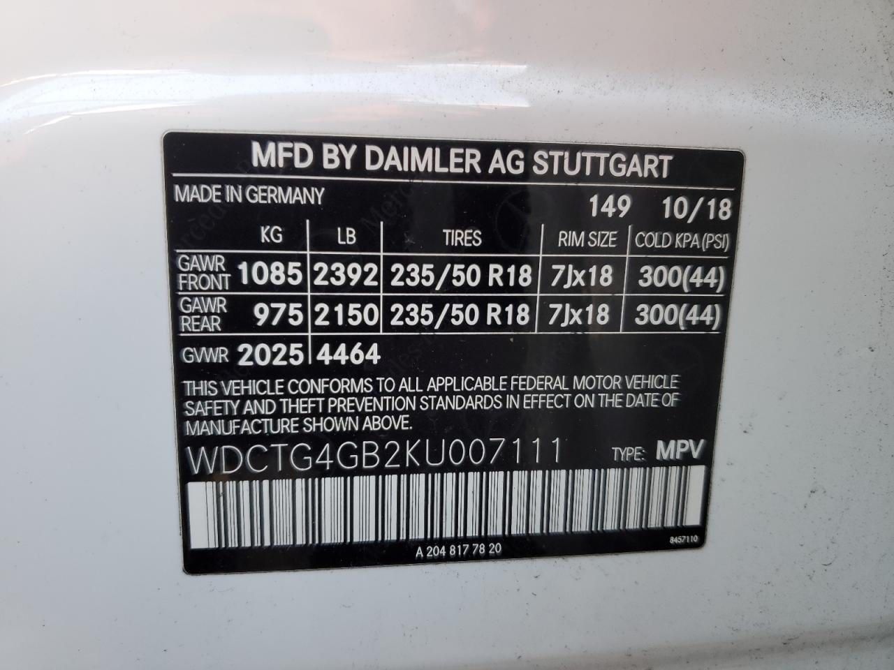 2019 Mercedes-Benz Gla 250 4Matic VIN: WDCTG4GB2KU007111 Lot: 91897215