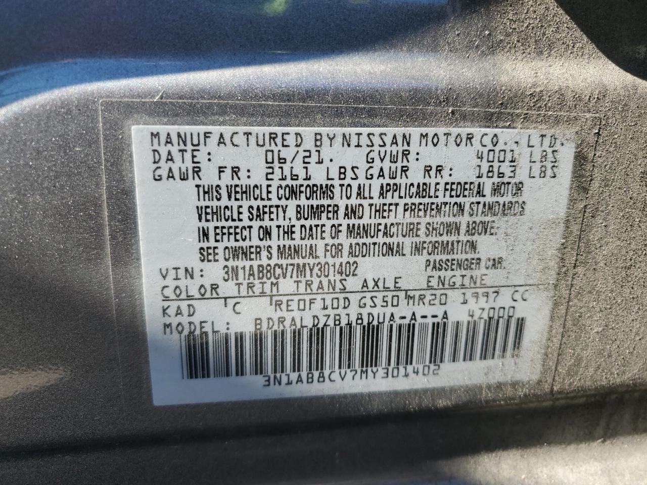 2021 Nissan Sentra Sv VIN: 3N1AB8CV7MY301402 Lot: 90384815