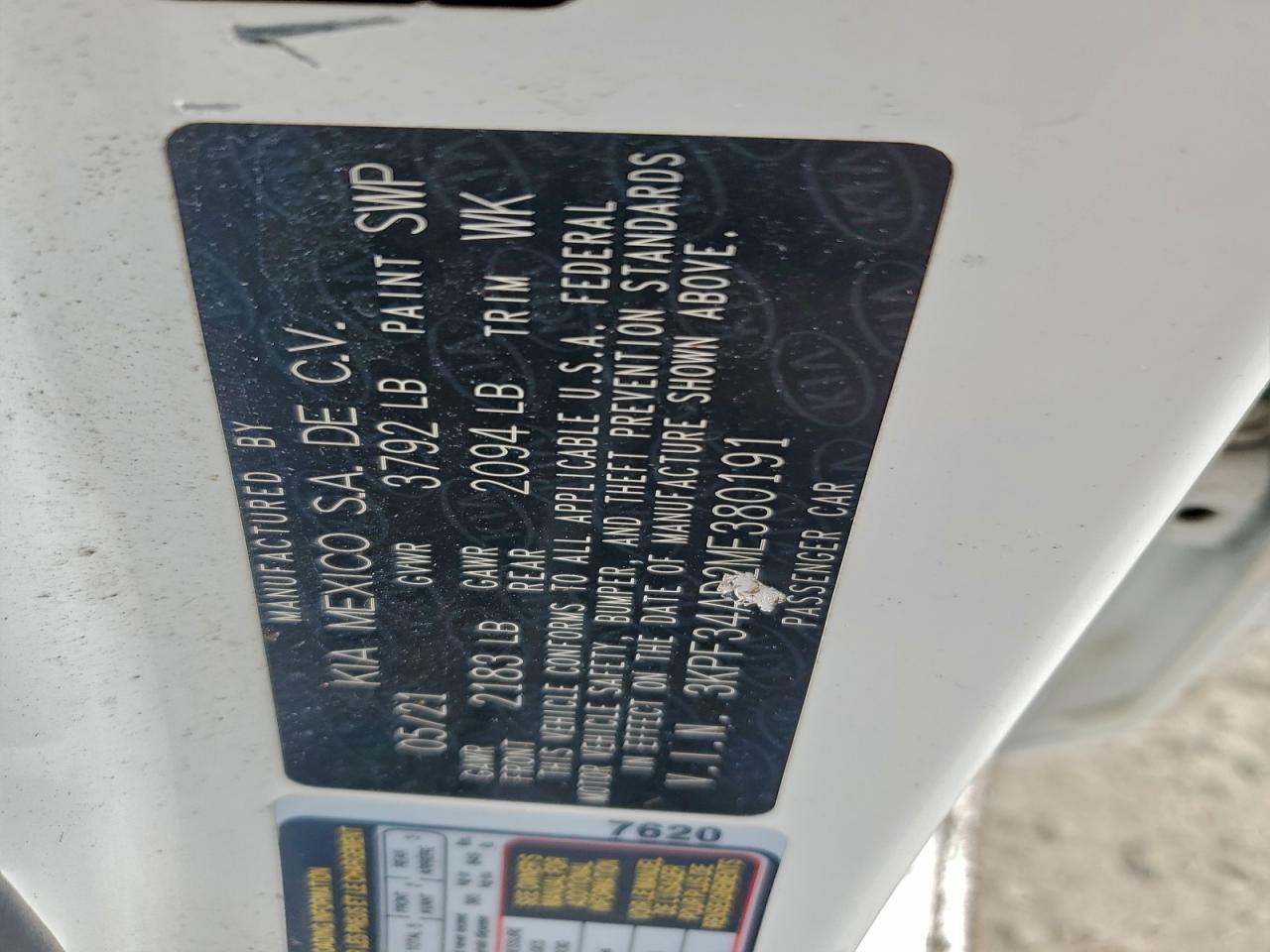 2021 Kia Forte Gt Line VIN: 3KPF34AD2ME380191 Lot: 93477605