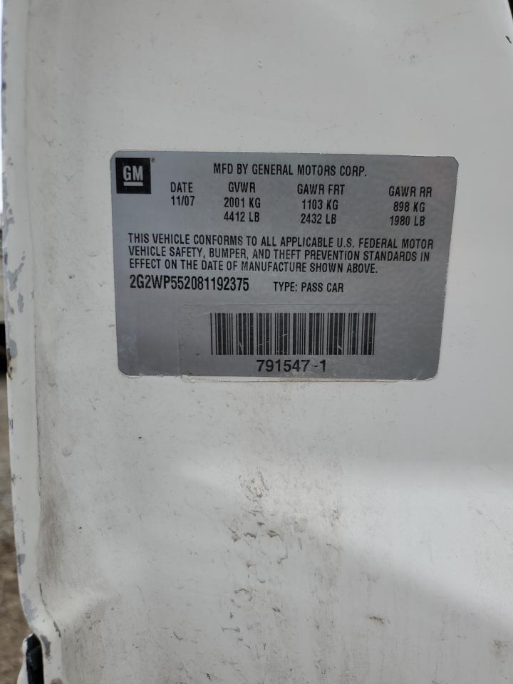 2008 Pontiac Grand Prix VIN: 2G2WP552081192375 Lot: 91118355