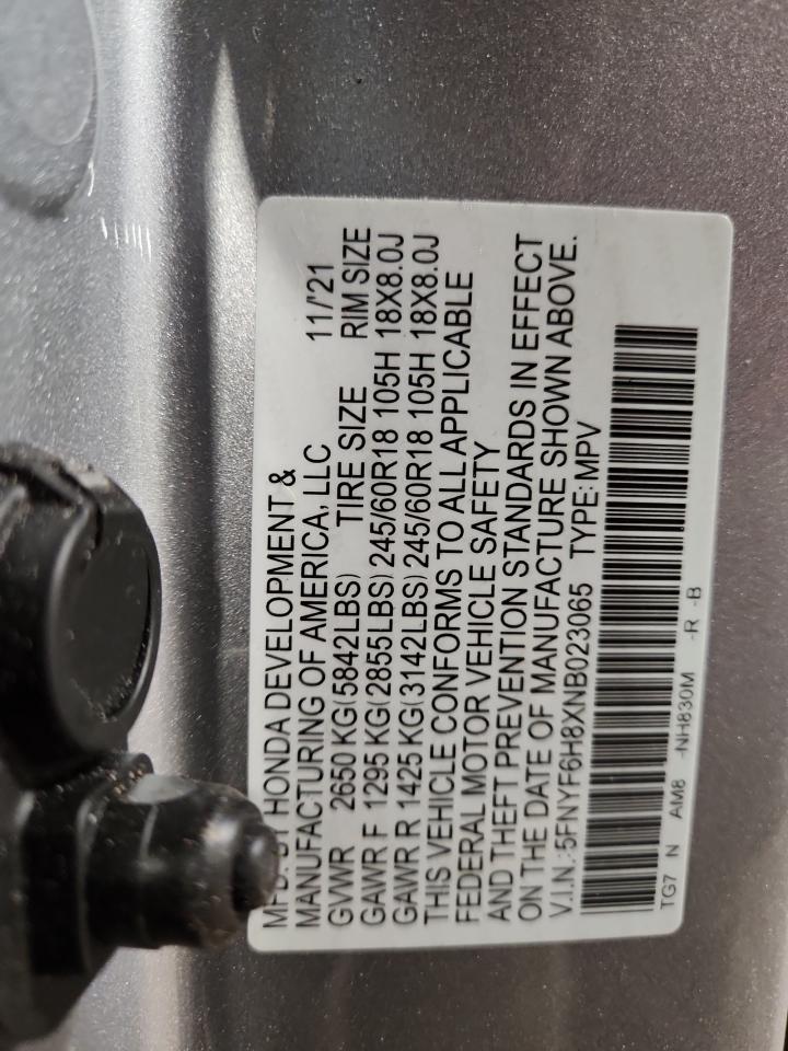 2022 Honda Pilot Trailsport VIN: 5FNYF6H8XNB023065 Lot: 92122225