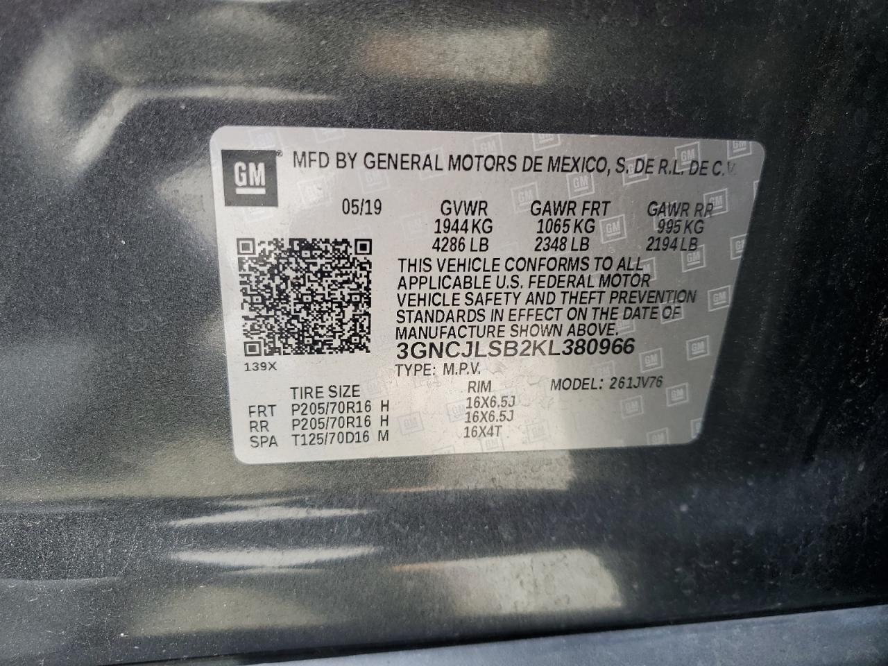 2019 Chevrolet Trax 1Lt VIN: 3GNCJLSB2KL380966 Lot: 91571865