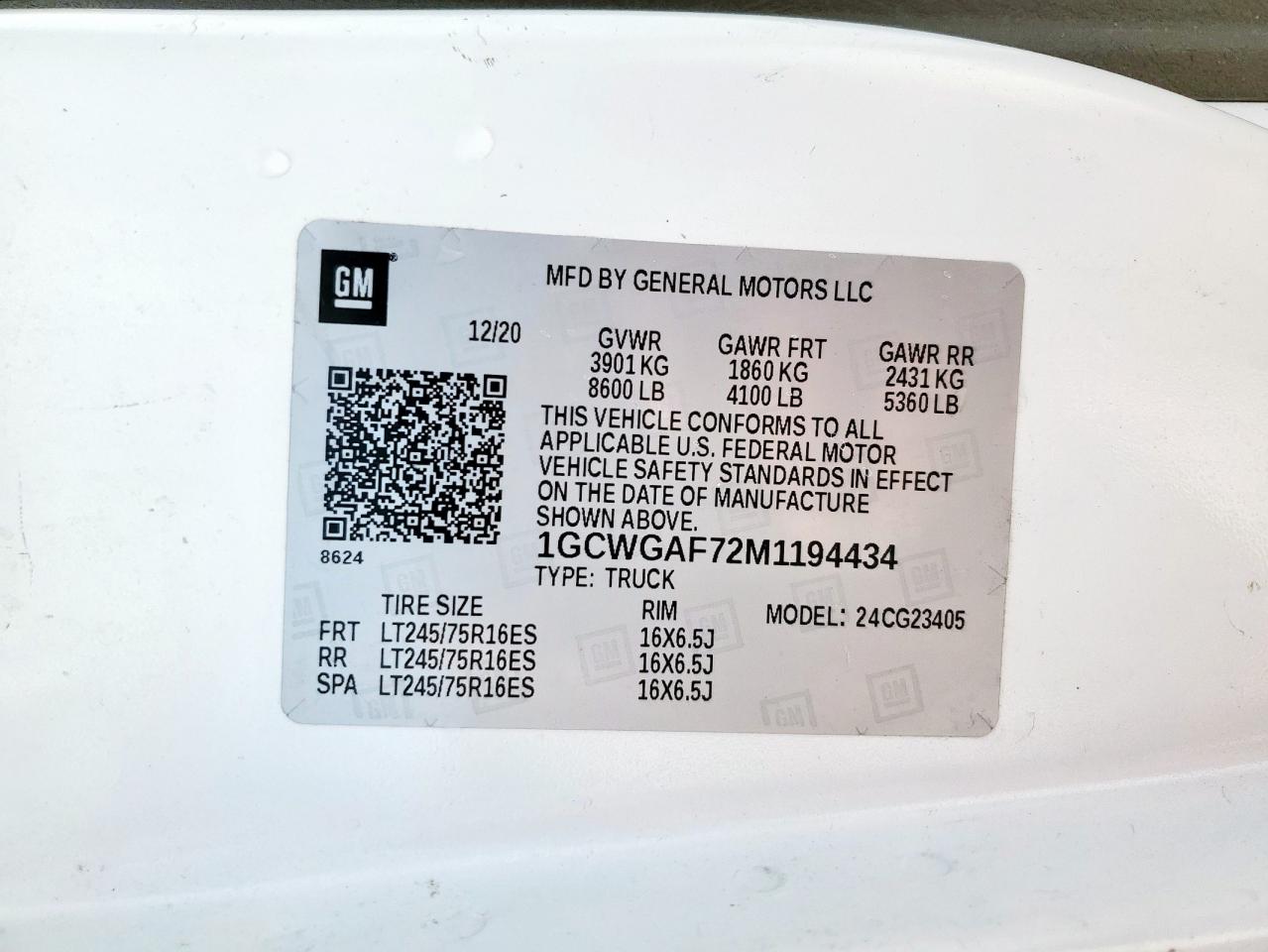 2021 Chevrolet Express Cargo 2500 1 VIN: 1GCWGAF72M1194434 Lot: 92620845