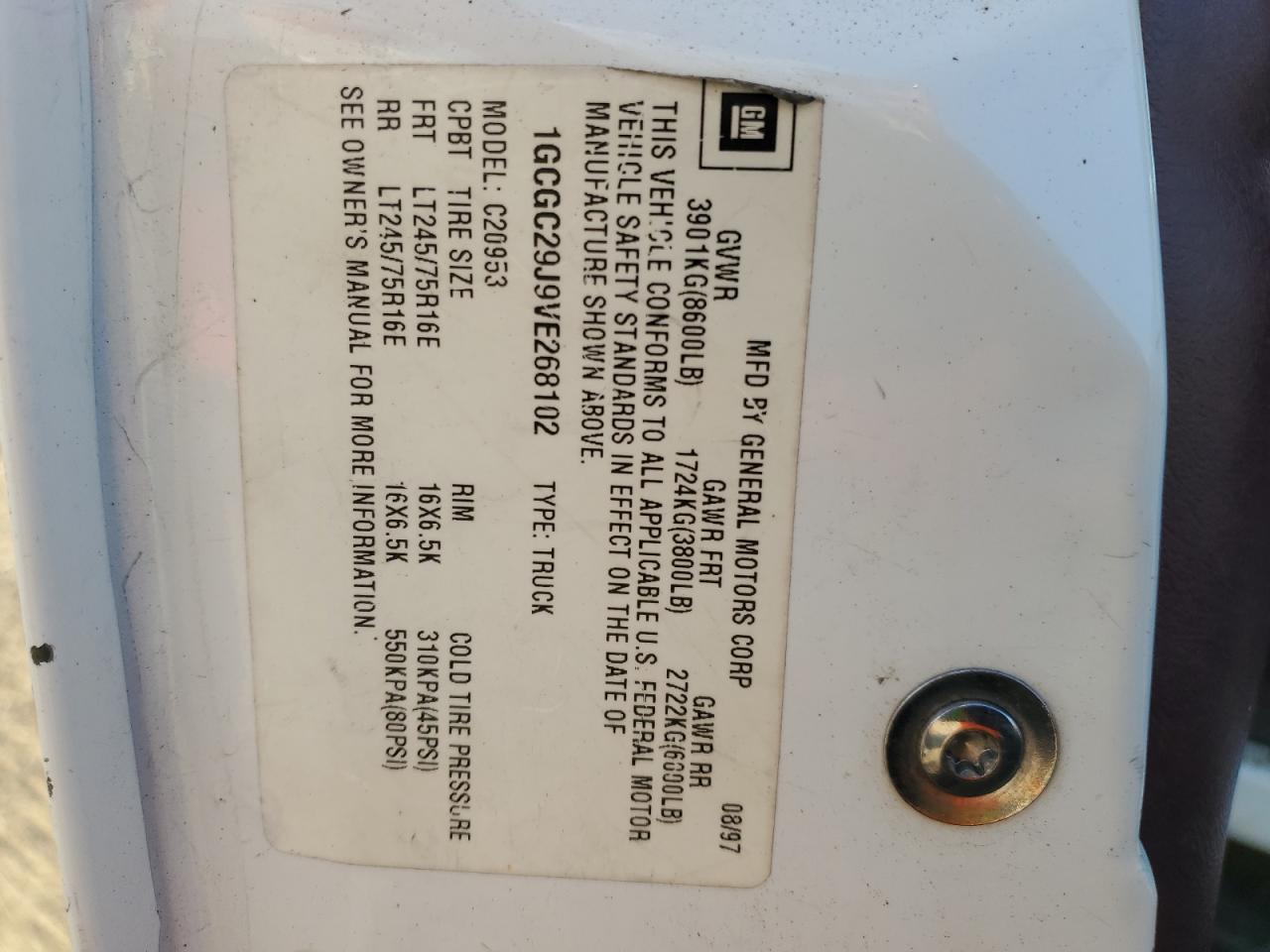 1997 Chevrolet Gmt-400 C2500 VIN: 1GCGC29J9VE268102 Lot: 92509445