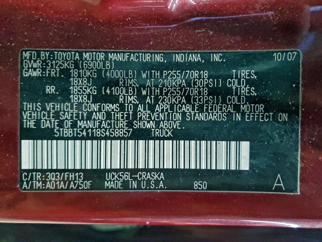 2008 Toyota Tundra Double Cab VIN: 5TBBT54118S458857 Lot: 94673345