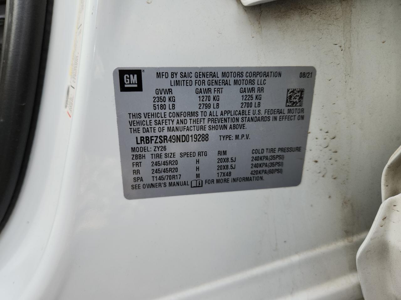 2022 Buick Envision Avenir VIN: LRBFZSR49ND019288 Lot: 90867045