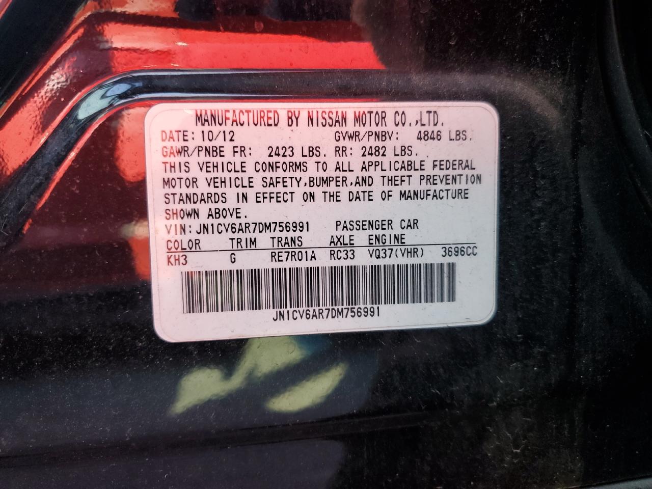 2013 Infiniti G37 VIN: JN1CV6AR7DM756991 Lot: 92684835