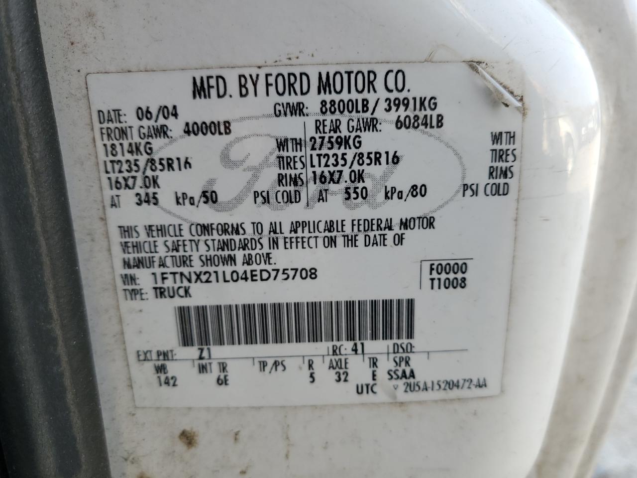 2004 Ford F250 Super Duty VIN: 1FTNX21L04ED75708 Lot: 92626265