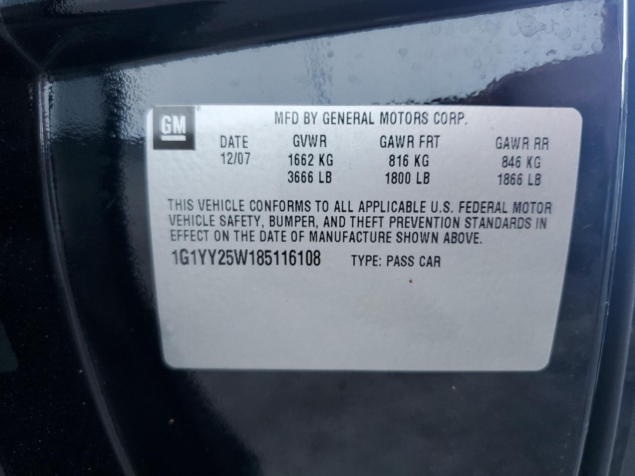 2008 Chevrolet Corvette VIN: 1G1YY25W185116108 Lot: 90469065