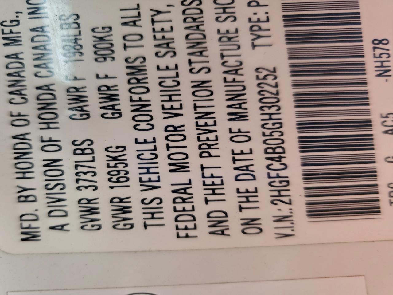 2016 Honda Civic Lx VIN: 302252 Lot: 95316285