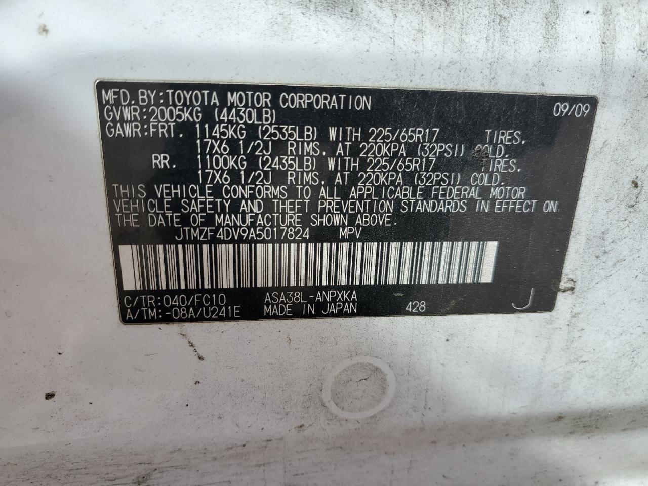 2010 Toyota Rav4 VIN: JTMZF4DV9A5017824 Lot: 92401295