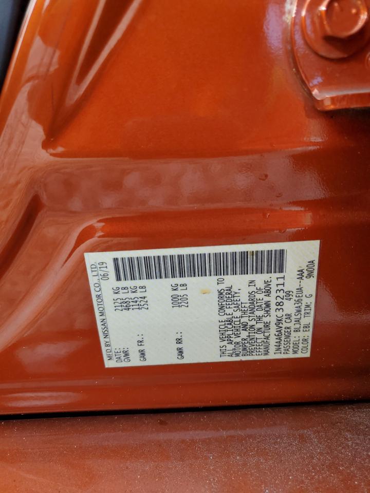 2019 Nissan Maxima S VIN: 1N4AA6AV9KC382311 Lot: 92174935