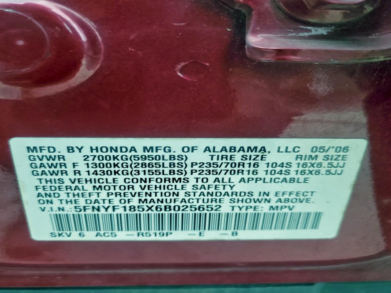 2006 Honda Pilot Ex VIN: 5FNYF185X6B025652 Lot: 93933935