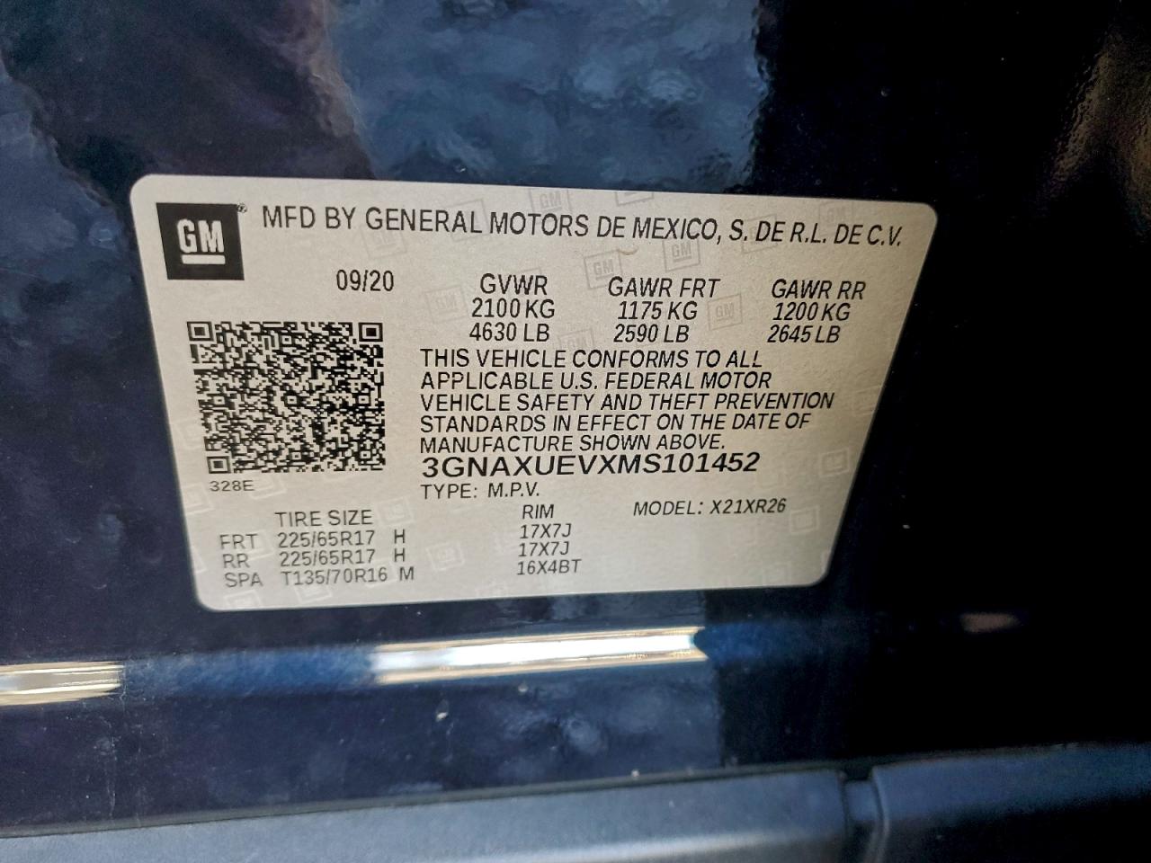 2021 Chevrolet Equinox Lt VIN: 3GNAXUEVXMS101452 Lot: 93364765