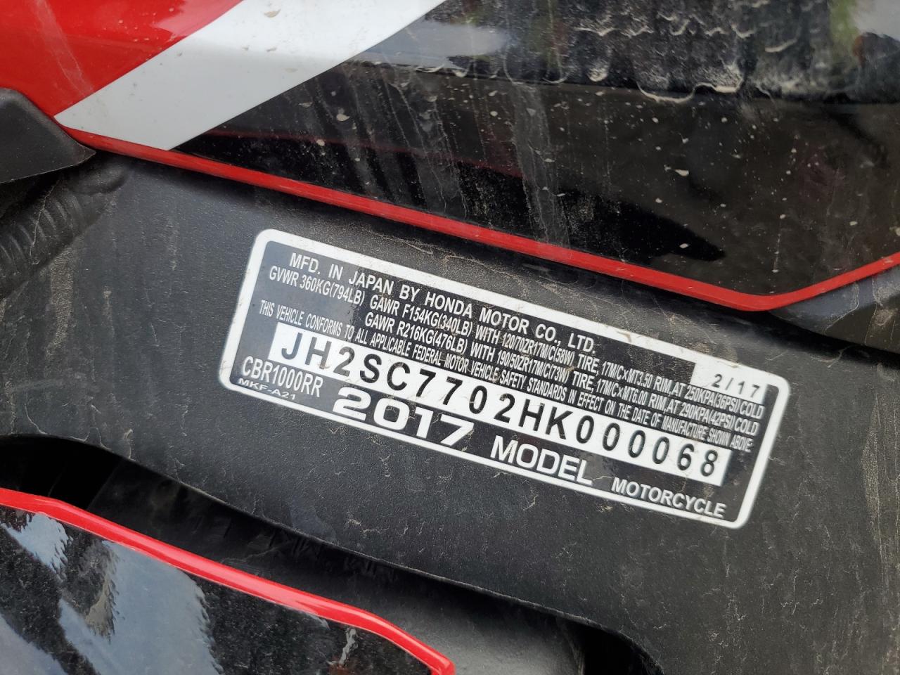 2017 Honda Cbr1000 Rr VIN: JH2SC7702HK000068 Lot: 93486485