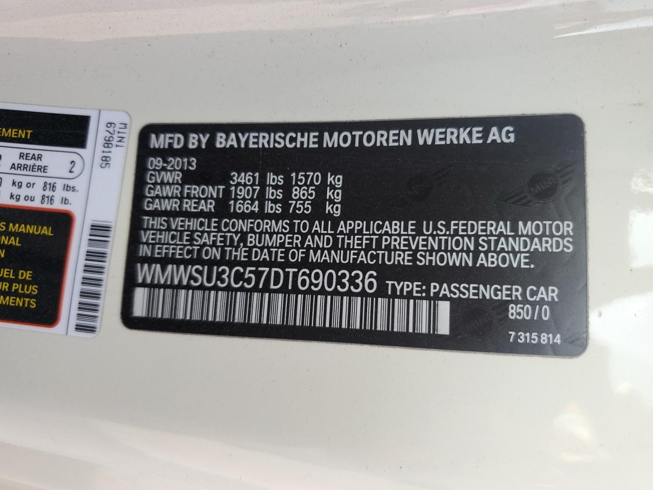 2013 Mini Cooper VIN: WMWSU3C57DT690336 Lot: 93602995