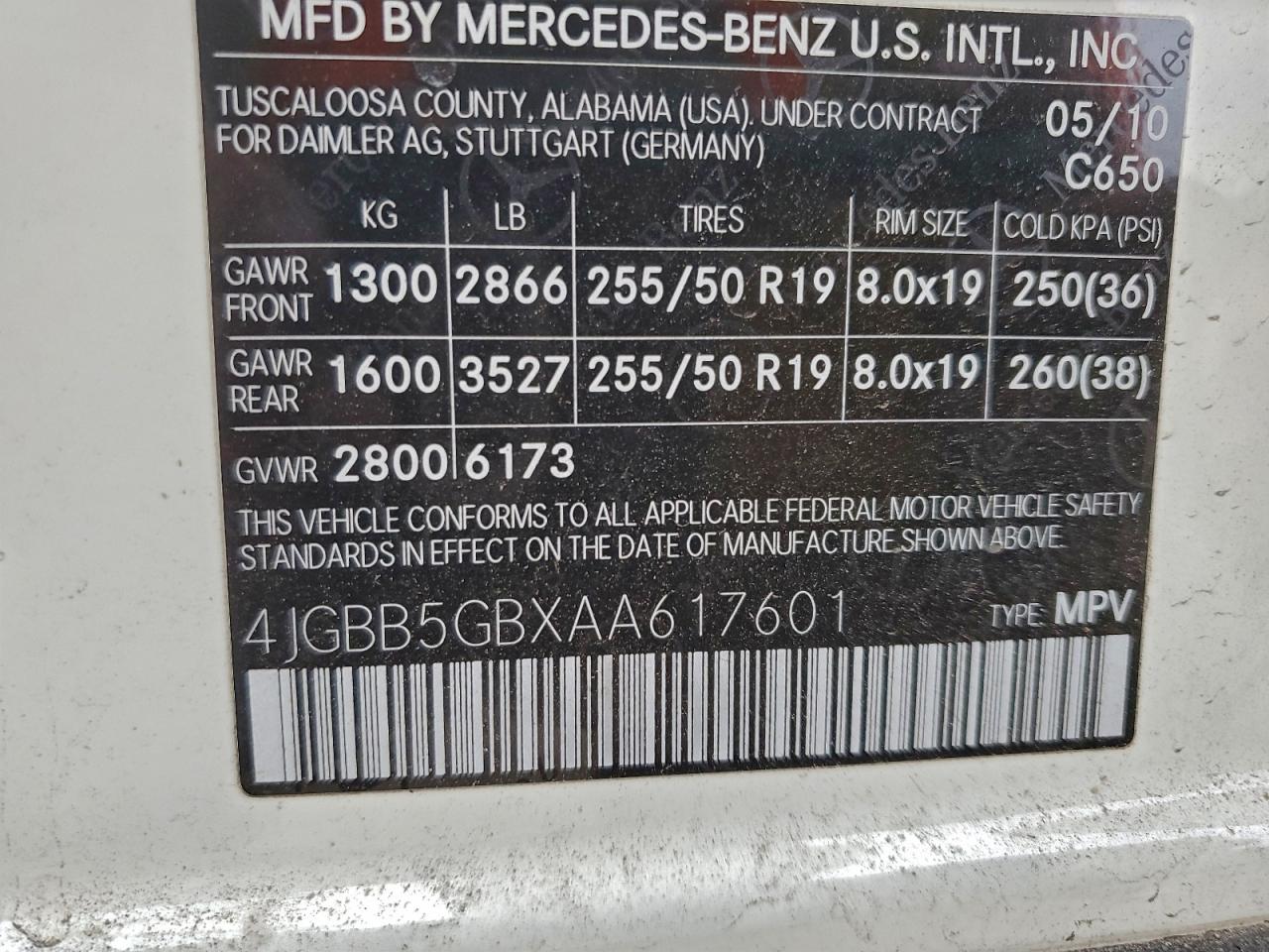 2010 Mercedes-Benz Ml 350 VIN: 4JGBB5GBXAA617601 Lot: 93953895