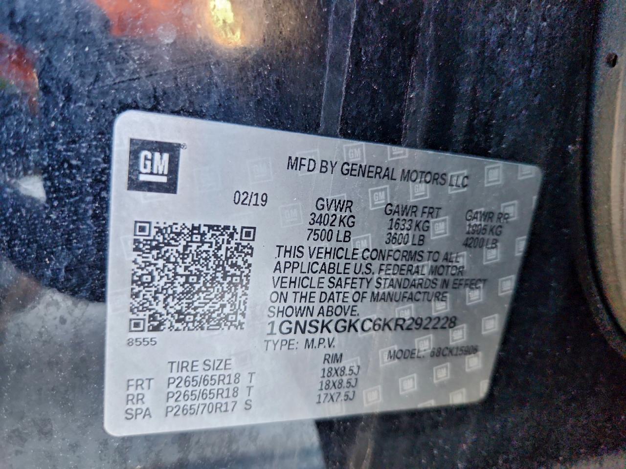 2019 Chevrolet Suburban K1500 Ls VIN: 1GNSKGKC6KR292228 Lot: 94448415