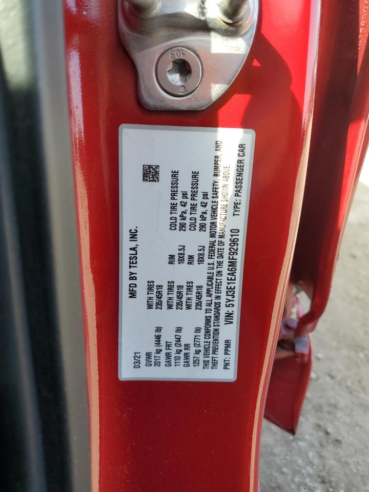 2021 Tesla Model 3 VIN: 5YJ3E1EA6MF929610 Lot: 91188995