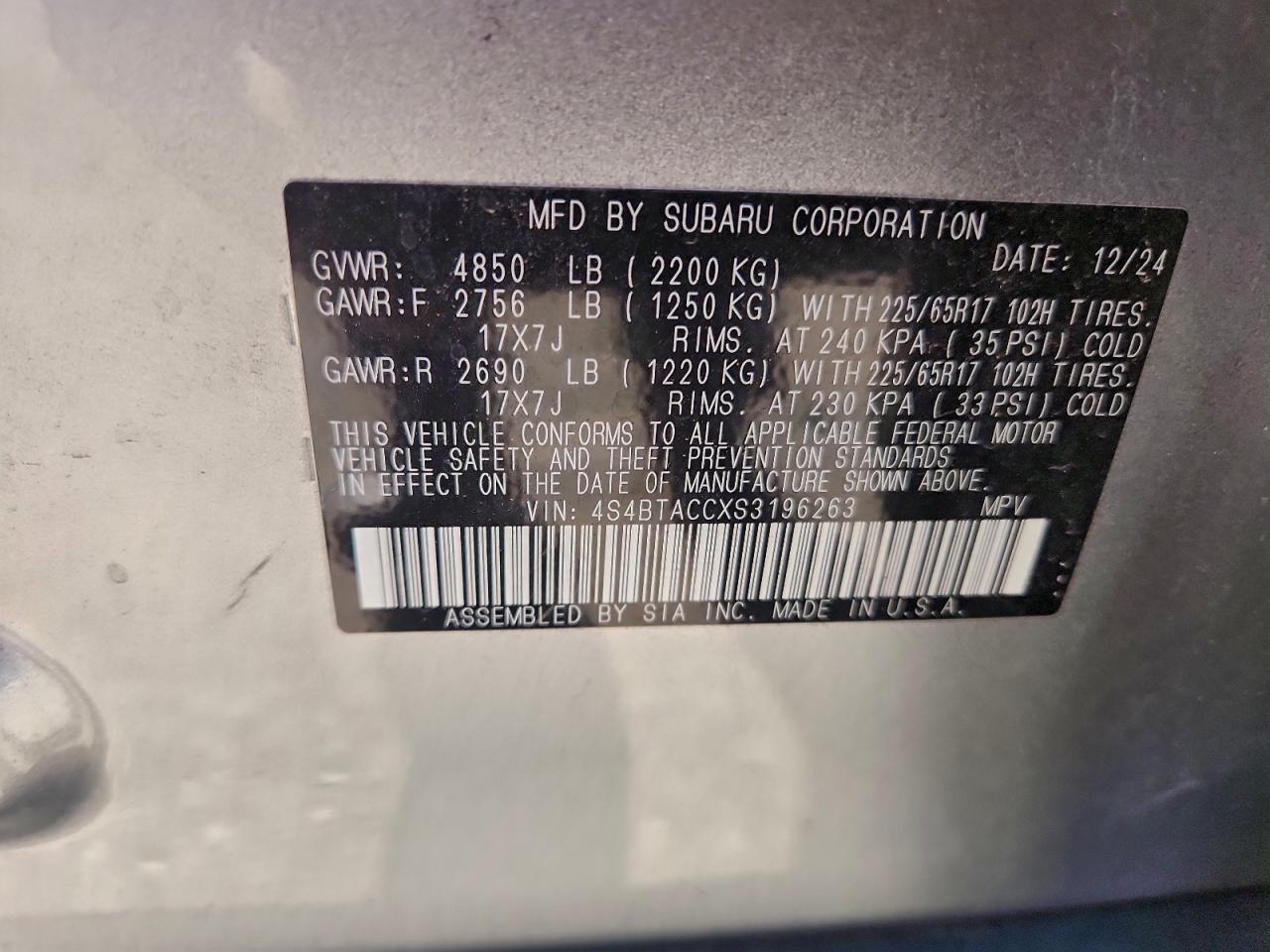 2025 Subaru Outback Premium VIN: 4S4BTACCXS3196263 Lot: 94501245