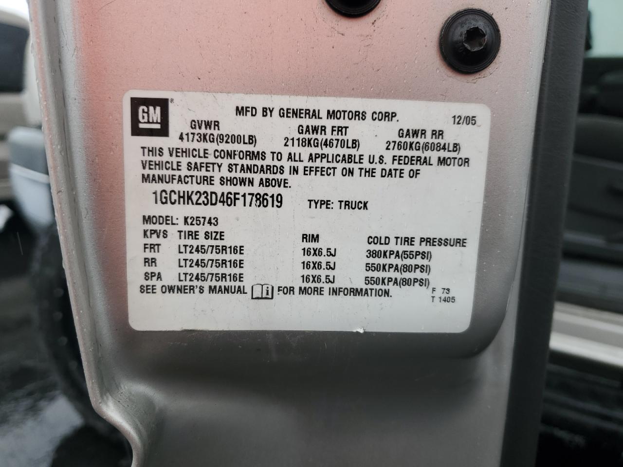 2006 Chevrolet Silverado K2500 Heavy Duty VIN: 1GCHK23D46F178619 Lot: 91684365