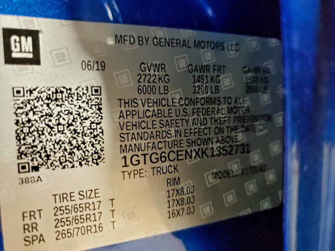 2019 GMC Canyon Sle VIN: 1GTG6CENXK1352731 Lot: 93571265