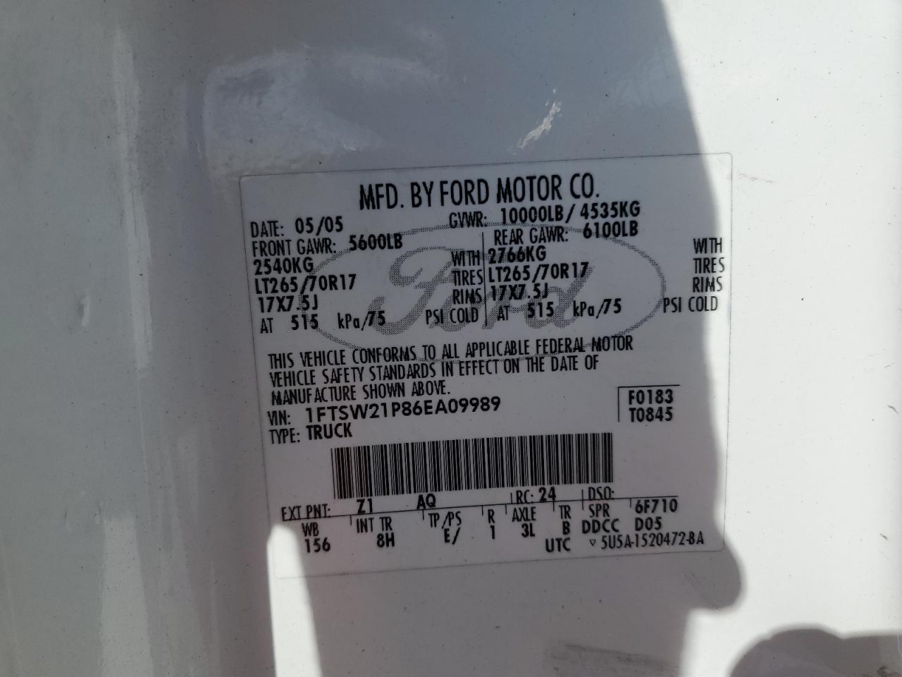 2006 Ford F250 Super Duty VIN: 1FTSW21P86EA09989 Lot: 91989375