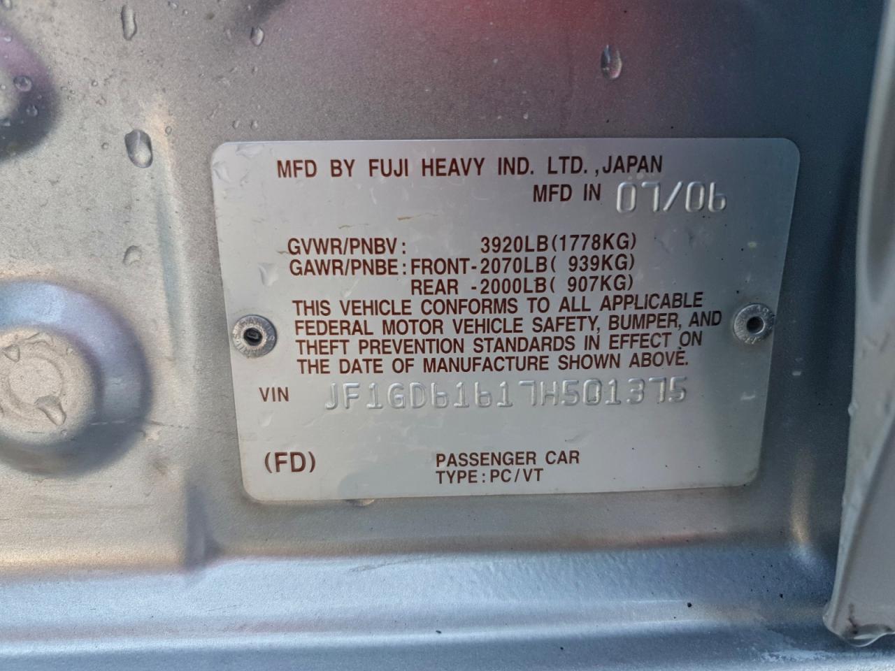 2007 Subaru Impreza 2.5I VIN: JF1GD61617H501375 Lot: 94237255