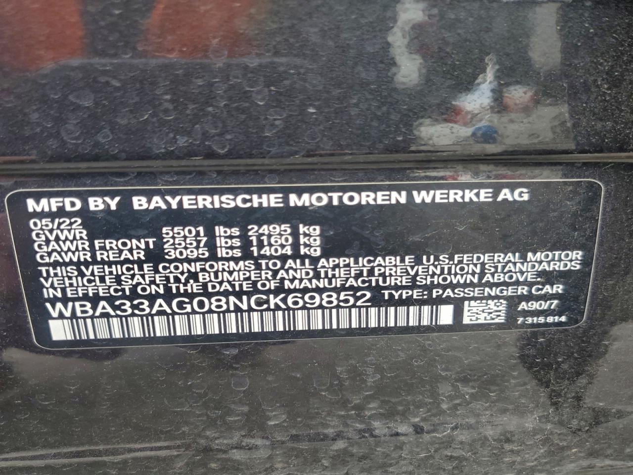 2022 BMW 530Xe VIN: WBA33AG08NCK69852 Lot: 93537685