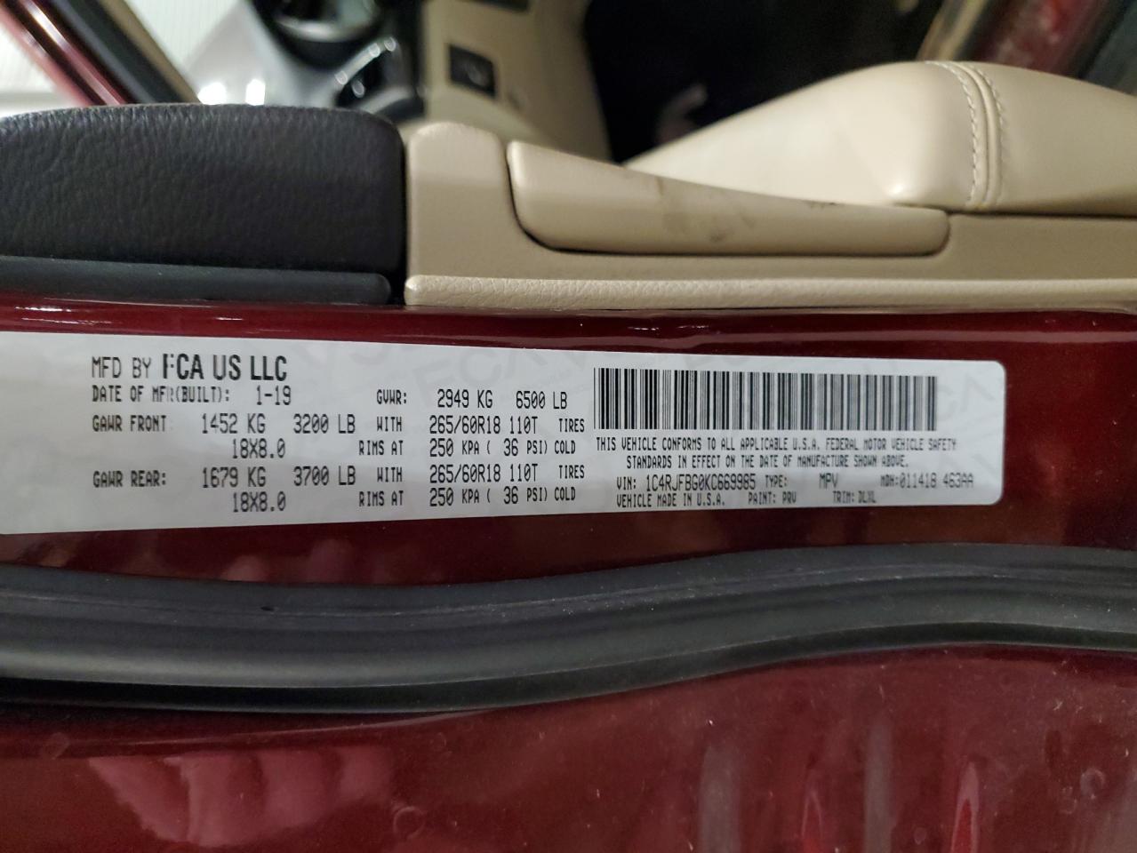 2019 Jeep Grand Cherokee Limited VIN: 1C4RJFBG0KC669985 Lot: 93116435