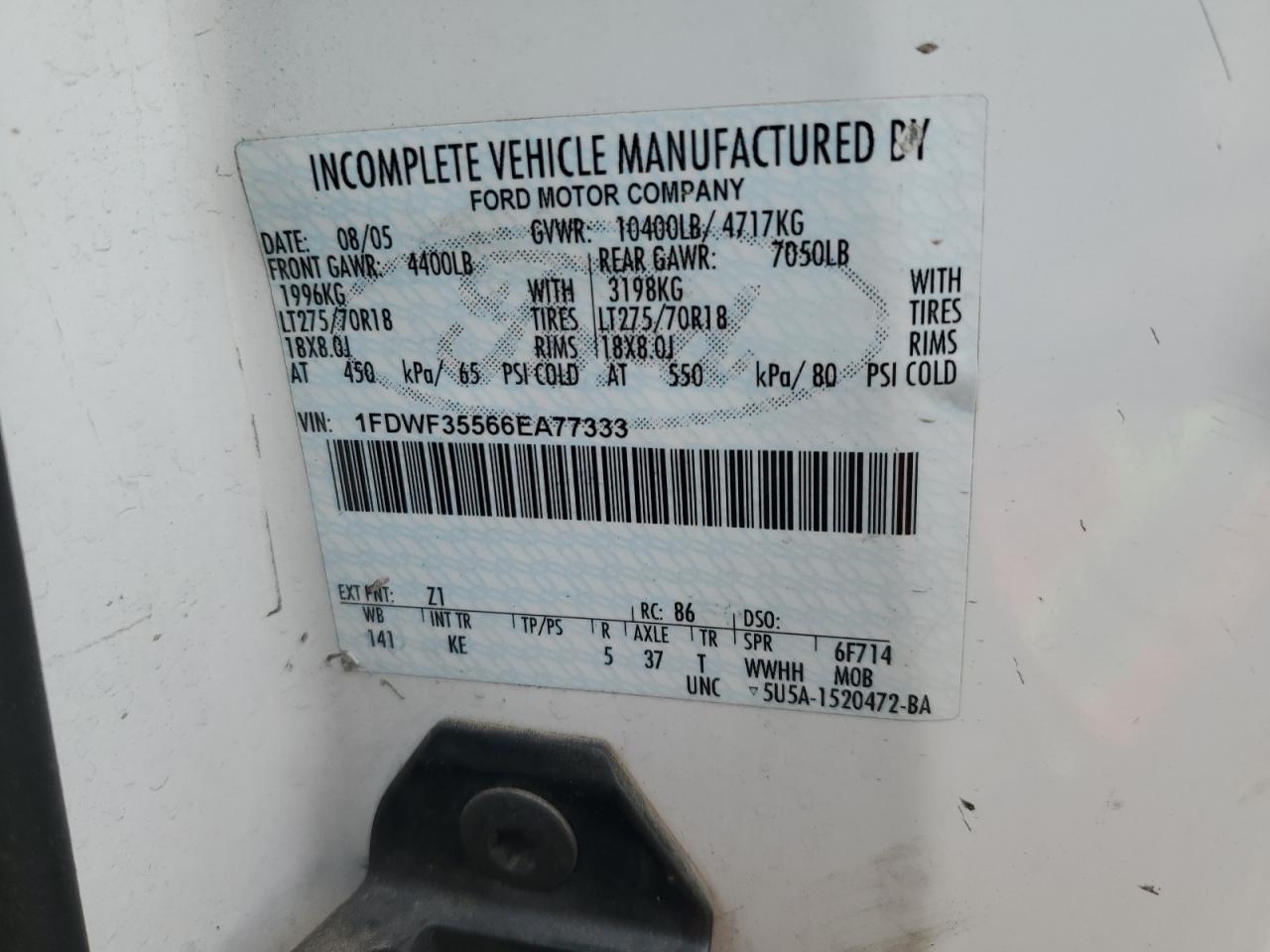 2005 Ford F350 Srw Super Duty VIN: 1FDWF35566EA77333 Lot: 91167335