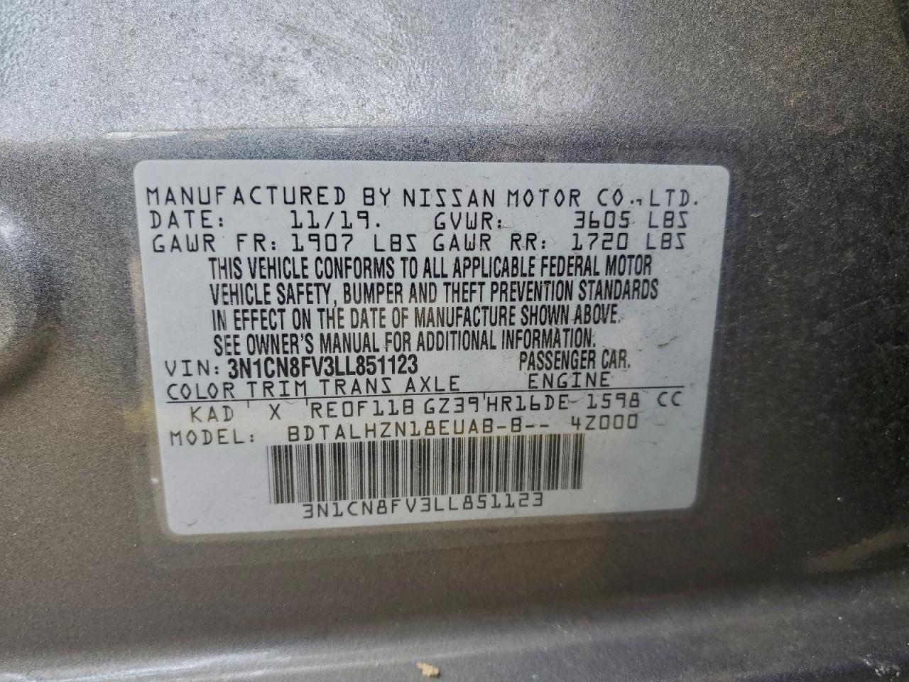 2020 Nissan Versa Sr VIN: 3N1CN8FV3LL851123 Lot: 93246945