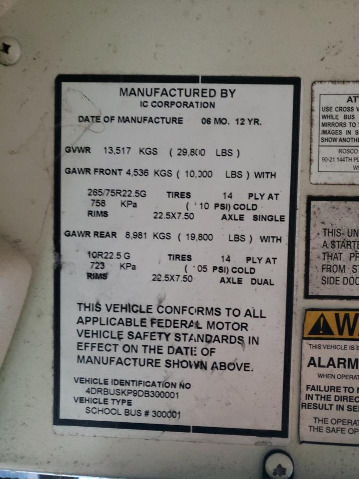 2013 Ic Corporation Ce Series School - School Bus VIN: 4DRBUSKP9DB300001 Lot: 92109815