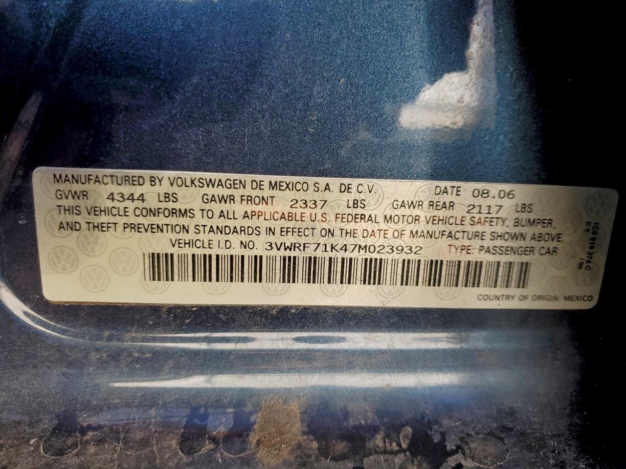 2007 Volkswagen Jetta 2.5 Option Package 1 VIN: 3VWRF71K47M023932 Lot: 94660825
