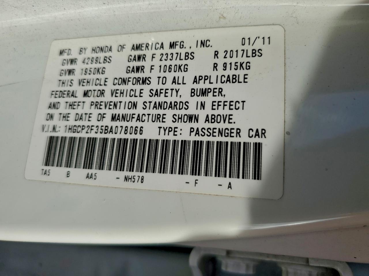 2011 Honda Accord Lx VIN: 1HGCP2F35BA078066 Lot: 93717625