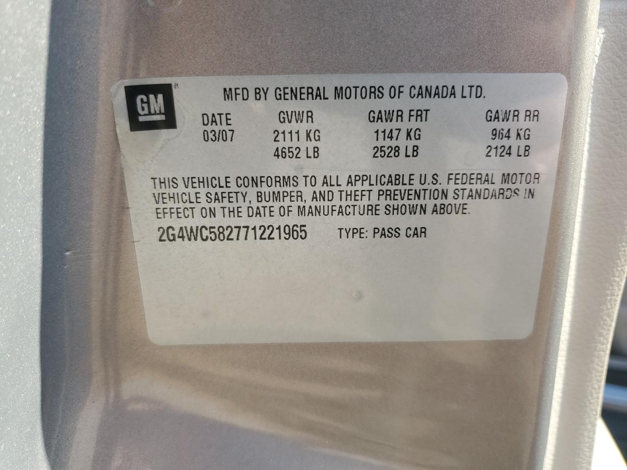 2007 Buick Lacrosse Cx VIN: 2G4WC582771221965 Lot: 92497155