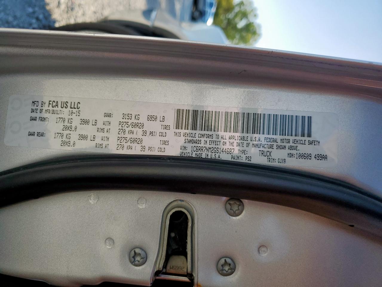 2016 Ram 1500 Laramie VIN: 1C6RR7NM2GS144687 Lot: 92013465