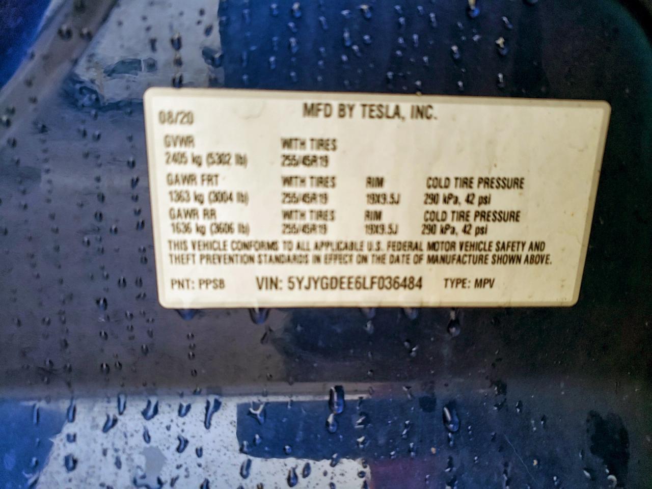 2020 Tesla Model Y VIN: 5YJYGDEE6LF036484 Lot: 94064735