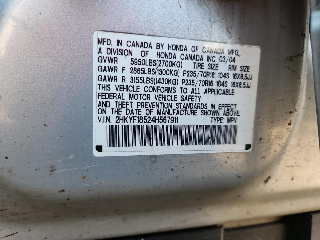 2004 Honda Pilot Exl VIN: 2HKYF18524H567911 Lot: 92509745